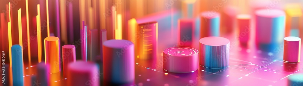 Poster a vibrant and colorful abstract representation of data visualization with bars and circular shapes, 