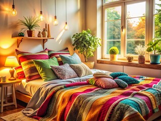Cozy Bedroom: Colorful Pillows & Blankets, Soft Natural Light, Warm & Inviting