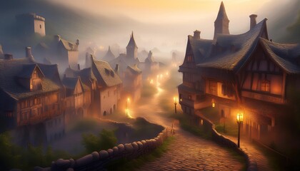 Obraz premium Medieval village road illuminating at golden hour with fog