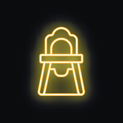 Yellow neon icon of baby high chair glowing on black background