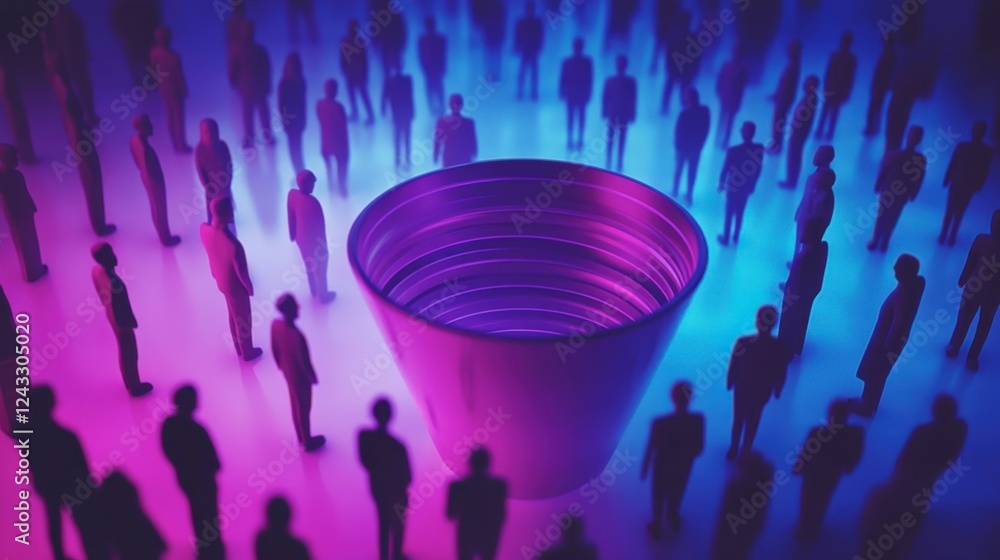 Poster d-rendered diagram of a funnel with digital pathways leading audience icons to a sales output sectio