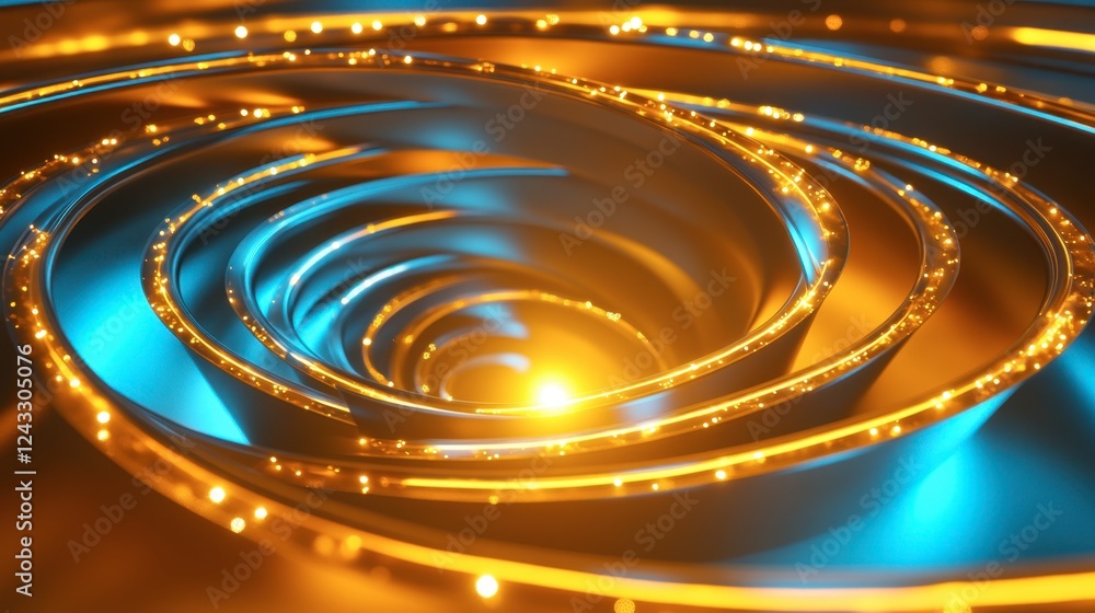 Poster d-rendered marketing funnel with sparkling paths, highlighting stages from traffic generation to cus