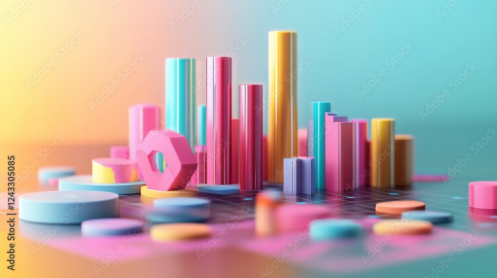 Poster a colorful 3d representation of data featuring various geometric shapes and bar charts, showcasing a