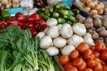 Fresh vegetables displayed at a vibrant market during daytime in a bustling town