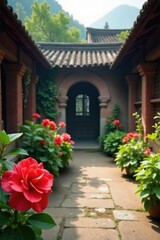 Exotic flowers bloom in ancient temple courtyard, flower, exotic, ornamental plants