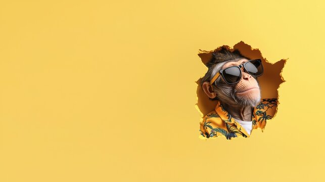 Monkey in sunglasses peeking through yellow wall fun concept