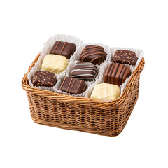 Delicious assorted chocolates in a wicker basket on a white background.