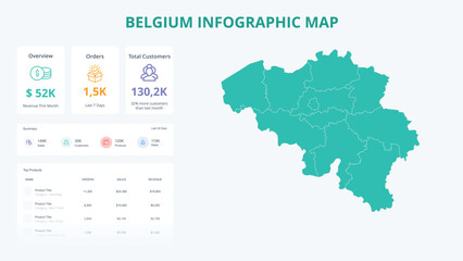 Fototapeta premium Business Growth Infographic Map of Belgium. Orders, Customers, Sales Overview & product Infographic Map of Belgium. Easy to edit