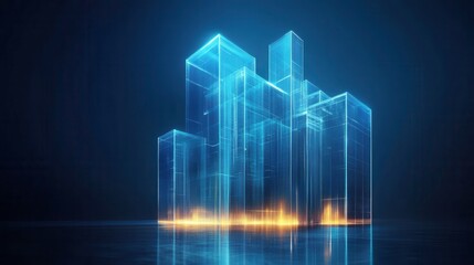 Fototapeta premium A digital visualization of glowing, transparent skyscrapers against a deep blue background, symbolizing innovation and modern architecture.