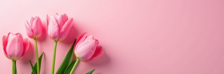 Fototapeta premium Pink tulips with soft petals and golden centers on a light pink background, light pink, pink tulips, tulip