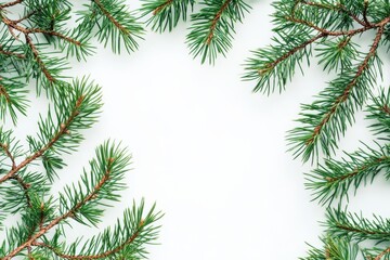 Obraz premium Festive evergreen branches frame white background for winter design