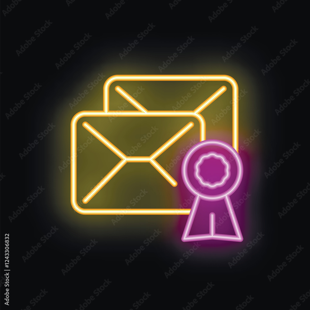Poster glowing neon icon representing a verified email address, perfect for illustrating concepts like secu