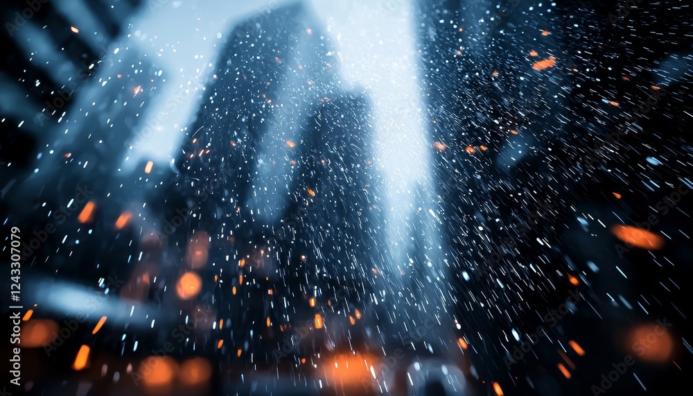 Poster a dynamic cityscape with blurred buildings, illuminated by particles and light, creating a moody, at