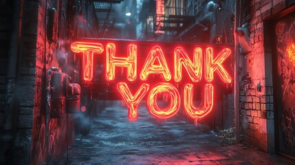 A vibrant neon sign displaying the words 'Thank You' illuminates a dark alleyway, creating a warm and inviting atmosphere in an urban setting.