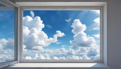 Square window overlooking blue sky and white cumulus clouds, geometric, cumulus, perspective, daylight