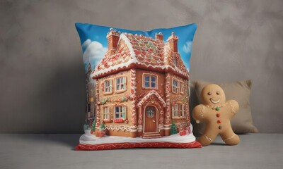 Square cushion with gingerbread house print mockup, Christmas, square cushion