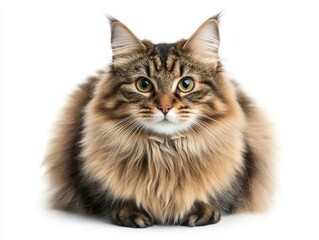 Adorable fluffy cat with expressive eyes and soft fur, sitting gracefully against a plain white background, capturing the essence of feline beauty and charm