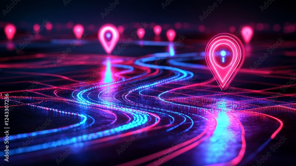 Poster a vibrant, digital landscape showcasing glowing location pins on a winding path, emphasizing navigat