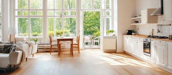 Bright and airy apartment interior design with large windows and a modern kitchen
