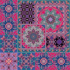 Beautiful patchwork pattern in vintage style. Endless decorative ornament with mandala, flowers and border.