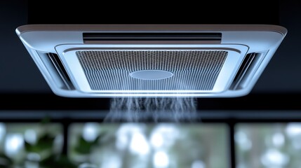 Ceiling air conditioner emitting cool mist in dark room with windows