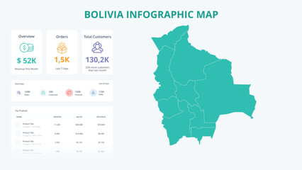 Obraz premium Business Growth Infographic Map of Bolivia. Orders, Customers, Sales Overview & product Infographic Map of Bolivia. Easy to edit