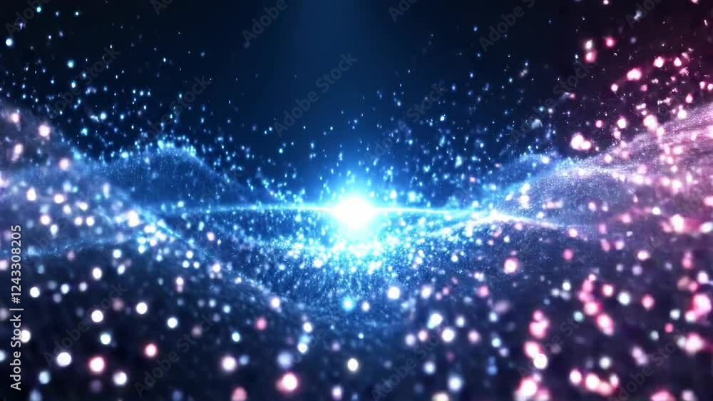 Poster abstract blue and pink particle waves flow and glow in dark background. bright light shines from cen