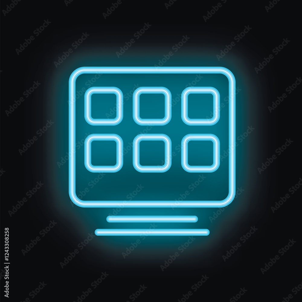 Poster modern neon blue icon of a smartphone with nine app icons displayed on a black background, represent