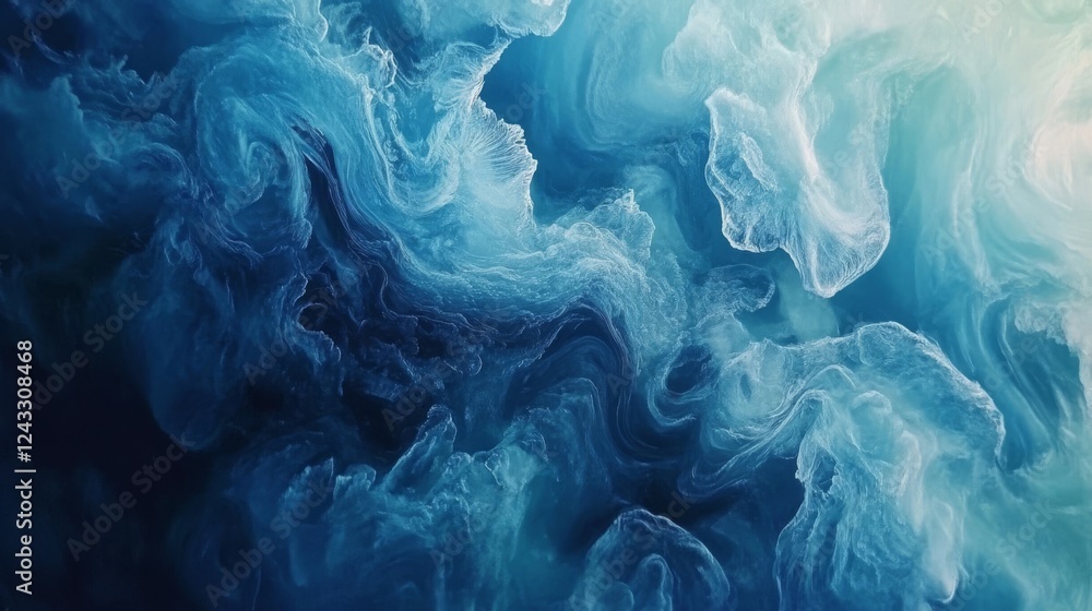 Poster abstract swirling patterns in deep blue hues create a tranquil ocean effect, evoking a sense of calm