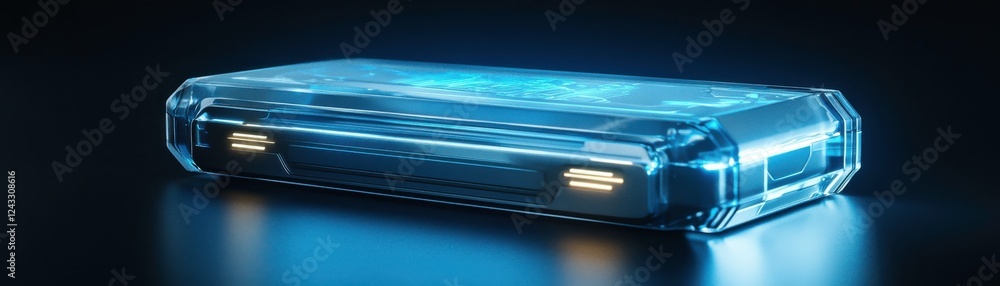 Poster a futuristic, illuminated device with a transparent casing, showcasing intricate circuits and techno