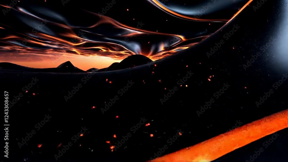 Poster abstract animation of dark, flowing shapes with fiery orange highlights. glowing particles add depth