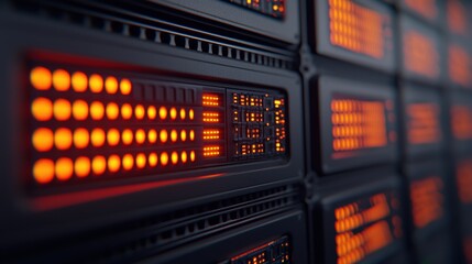Dynamic computer server rendering with orange lights in data center