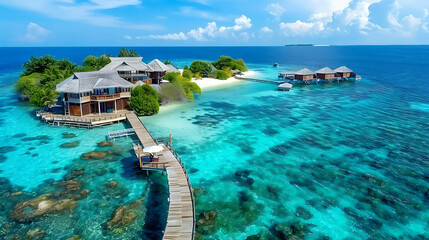 Fototapeta premium A breathtaking aerial view captures stunning expanse of Maldives island, showcasing luxurious water villas resort and intricate wooden piers against backdrop