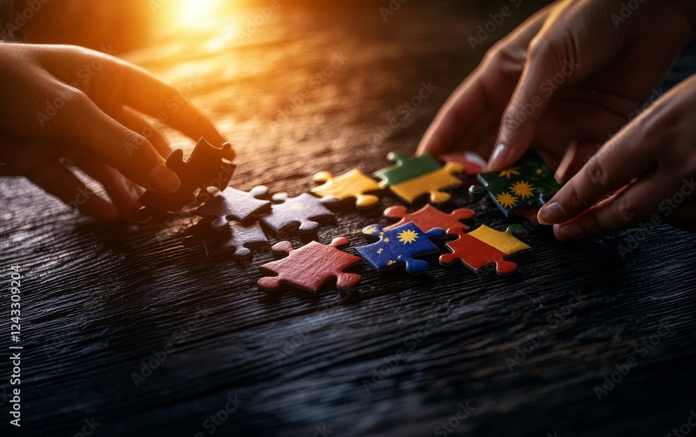 Poster two hands assembling a colorful puzzle with flags, symbolizing unity and collaboration in a warm, in