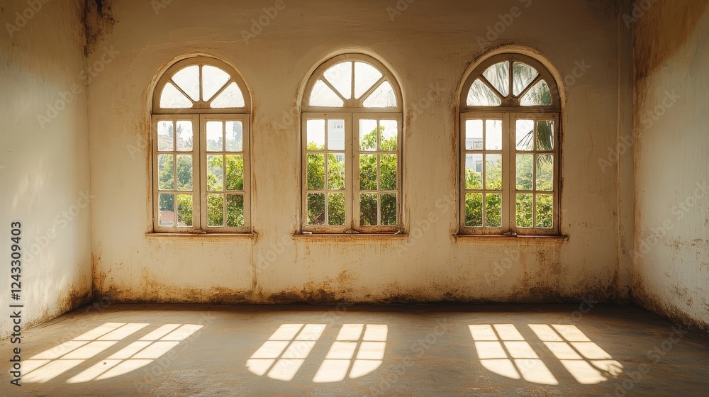 Poster sunlight filters through old windows illuminating an empty room with shadow patterns on the floor