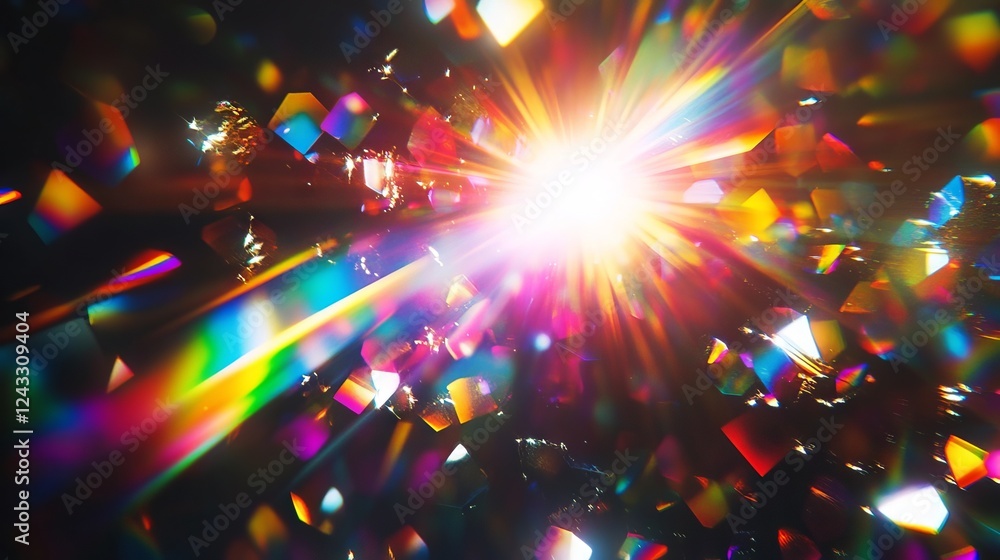 Poster colorful light explosion captured through crystal reflection in a dark setting