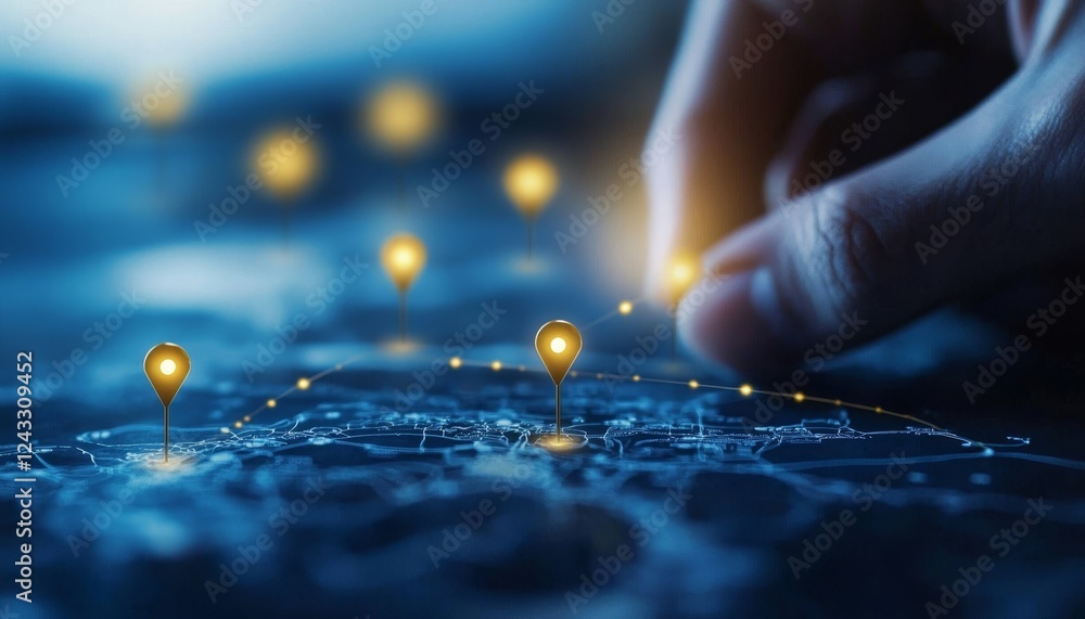 Poster a hand interacts with a digital map, highlighting points of interest with glowing markers, suggestin