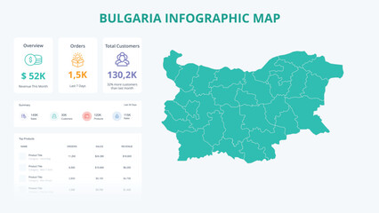 Obraz premium Business Growth Infographic Map of Bulgaria. Orders, Customers, Sales Overview & product Infographic Map of Bulgaria. Easy to edit