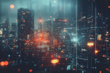 Naklejka premium A modern city with a wireless network connection concept and cityscape. Technology concept.