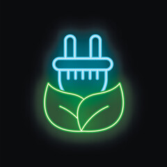 Glowing neon icon of an electric plug emerging from leaves, symbolizing green and sustainable electricity generation