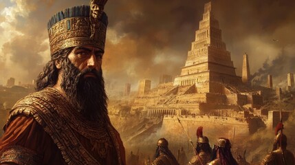 Historical ruler stands in front of ancient ziggurat with soldiers during sunset in a majestic landscape