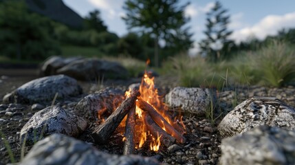 Fototapeta premium the view of the bonfire decorated with rocks and trees