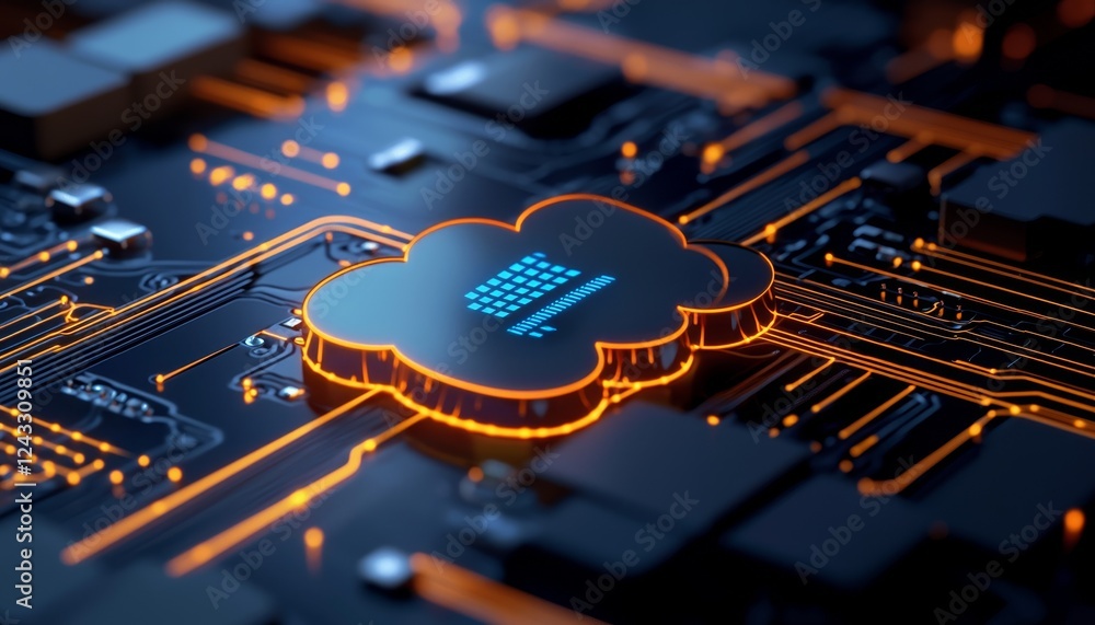 Poster a futuristic digital circuit board featuring a glowing cloud symbol, representing cloud computing an