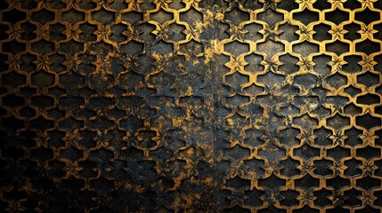 Ornate gold metal screen, textured background, interior design