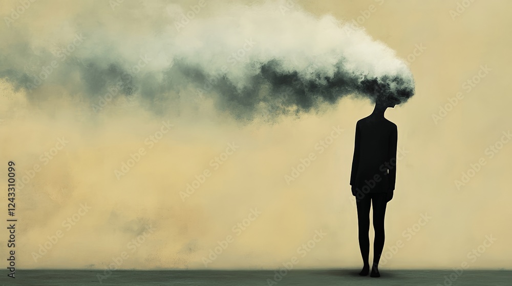 Poster Surreal image of a businessman exploding with information overload and stress having an head burnout, his mind is evaporating like smoke, concept of stress and mental health