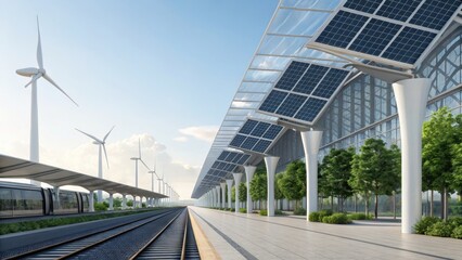 Modern train station featuring solar panels and wind turbines for sustainability.
