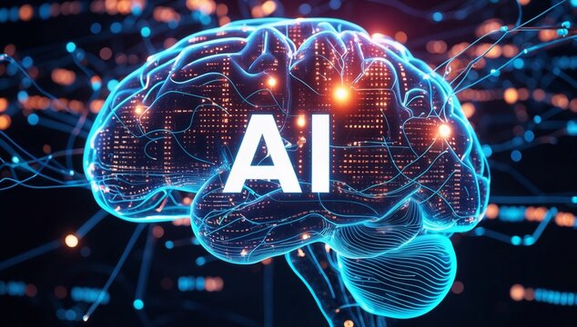 AI Neural Brain: Futuristic Glowing Brain with Digital Networks and Prominent AI Text in a High-Tech Sci-Fi Setting