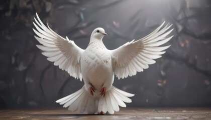 Fototapeta premium Symbolic white dove representing peace and love, concept of hope, symbol of love, flying symbol, spiritual bird