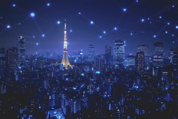 Fototapeta premium A modern city with a wireless network connection concept and cityscape. Technology concept.