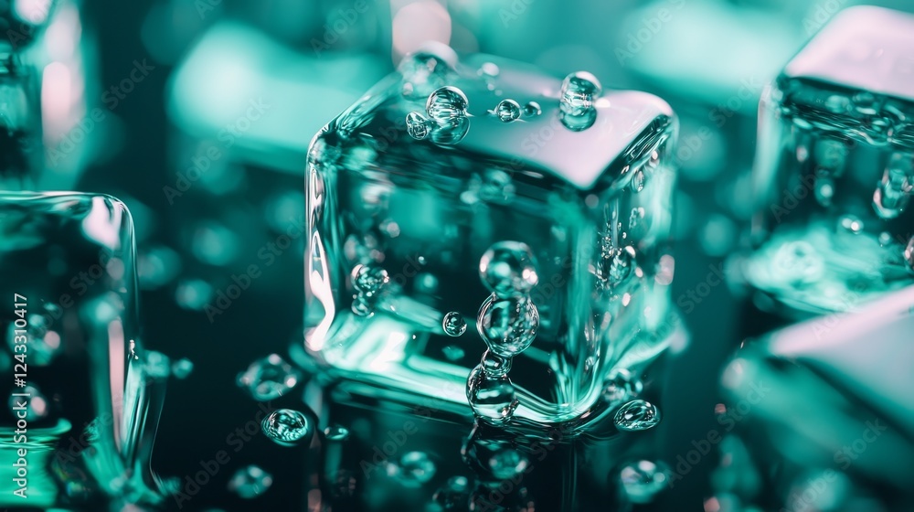 Poster a close-up of ice cubes submerged in water, showcasing bubbles and an intriguing turquoise hue, crea